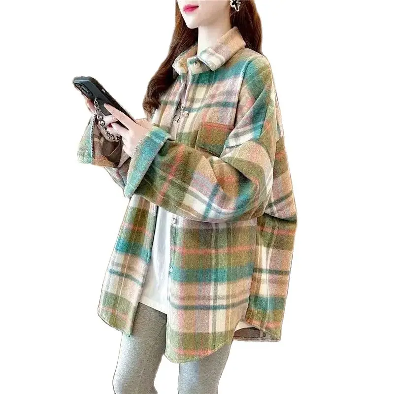 

Fashion Brushed Plaid Shirt Female Blouse 2023 Autumn Women's Shirt Tops Retro Thickened Casual Loose Long Sleeved Shirt Jacket