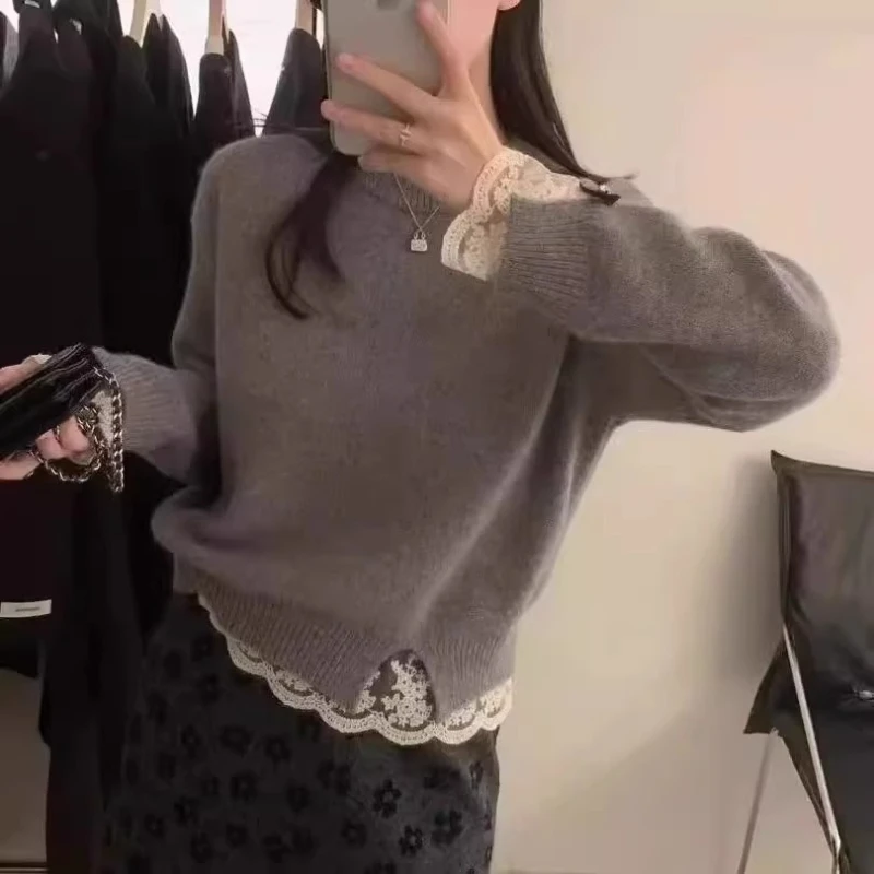 Autumn and Winter New Lace Splicing Women's O Neck Long-sleeved Sweater Women's Elegant Slim-fit Solid-color Pullover Knitwear