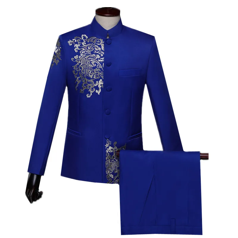 Men Standing Collar Embroidered Suit 2 Piece Fashion Male Business Social Wedding Prom Stage Performance Dress Blazer Pant