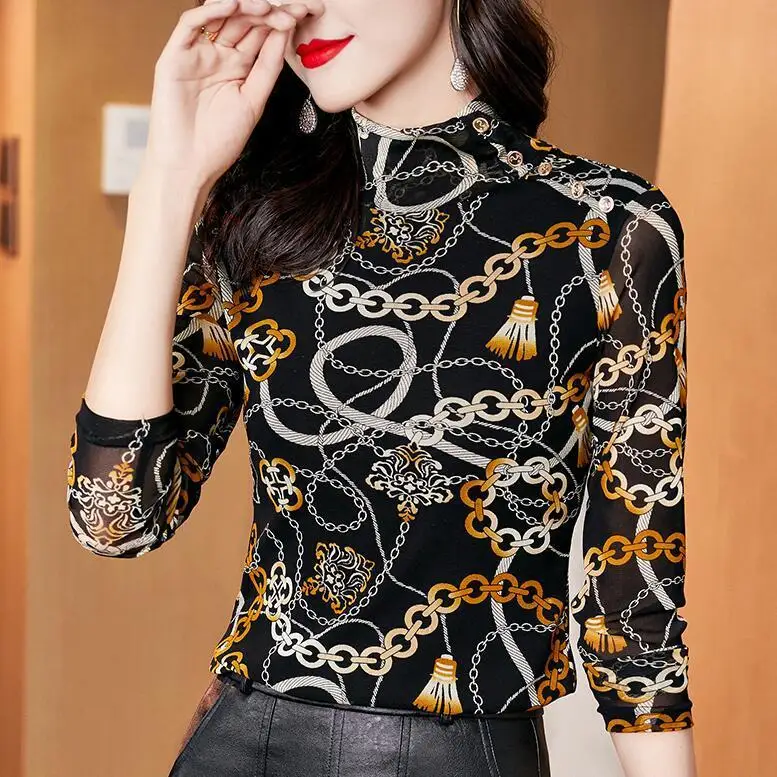 

Women's Long Sleeved 2023 Autumn/winter New Casual Elastic Mesh T-shirt with Plush/no Plush Lace Bottom Top Leisure Female Tops