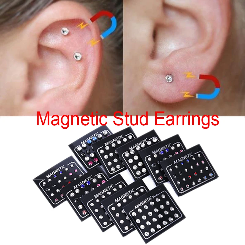 

24Pcs/Set Unisex Stainless Steel Round Magnetic Non-Piercing Clip On Stud Earrings Crystal Round Ear Stud New Fashion