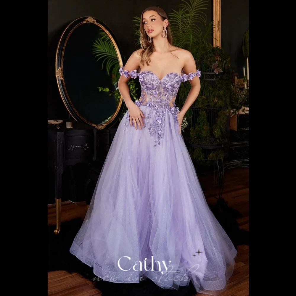 

Cathy Fairy Off Shoulder Evening Dress 3D Flower Embroid Prom Dress Princess Vestidos De Fiesta Sweet Tulle Vestidos De Noche