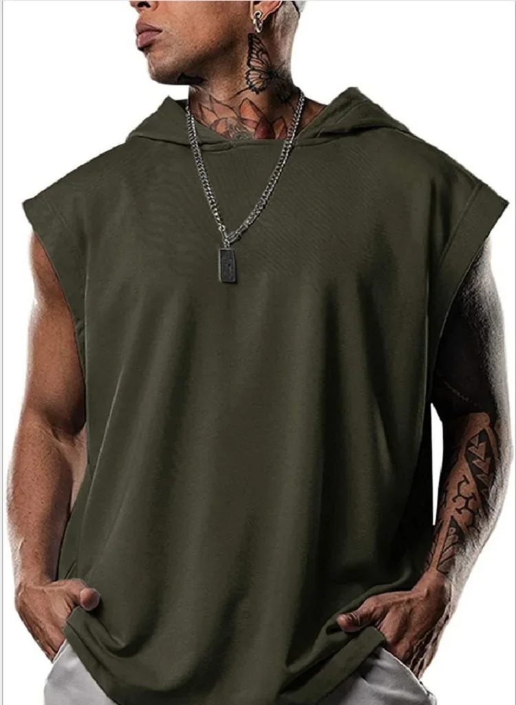 2025 Hooded Solid Color New Men's Casual Pullover Sports Men's T-shirt Sleeveless Men's Waistcoat Loose 6