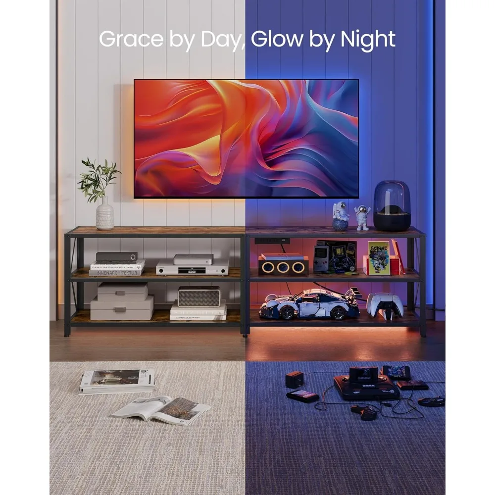TV Stand with Power Outlets and LED Lights, for TVs up to 75 Inches, Entertainment Center with Open Storage Shelves, TV Table 3