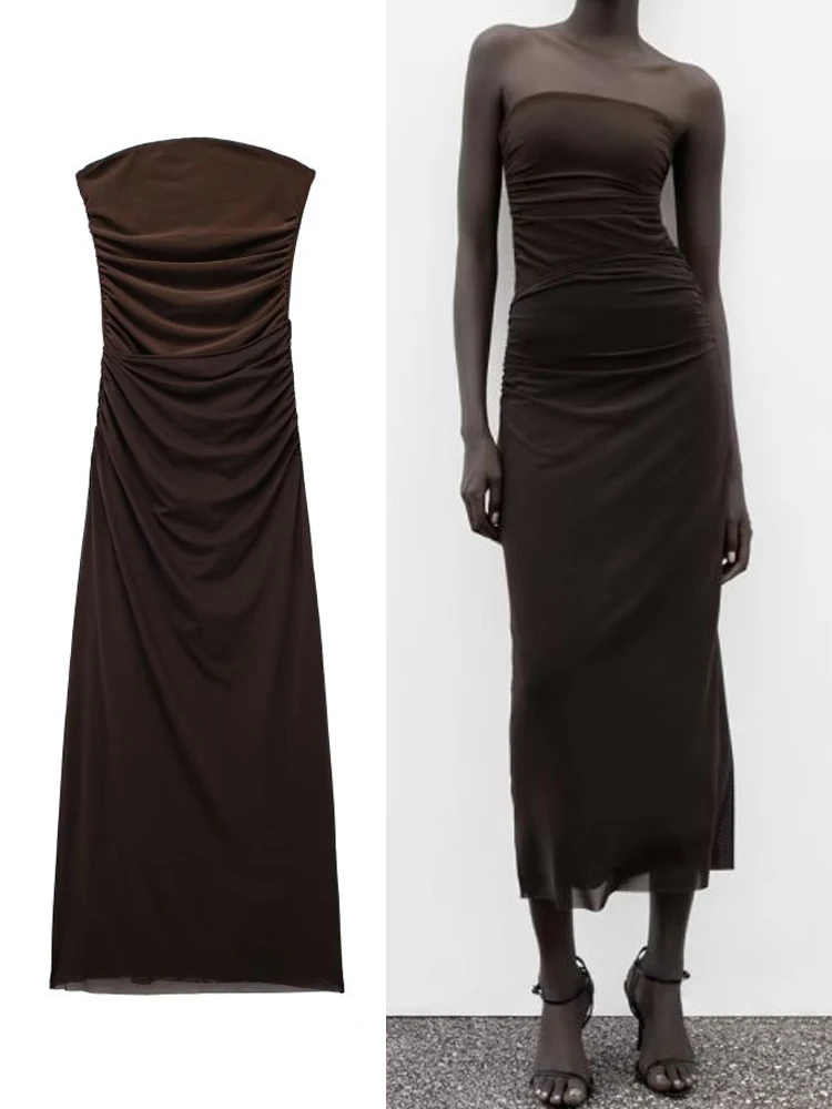 

TRAF Sexy Solid Folds Dress Summer Women Elegant Slim Backless Sleeveless Robes Vestidos Female Cocktail Party Club Dresses