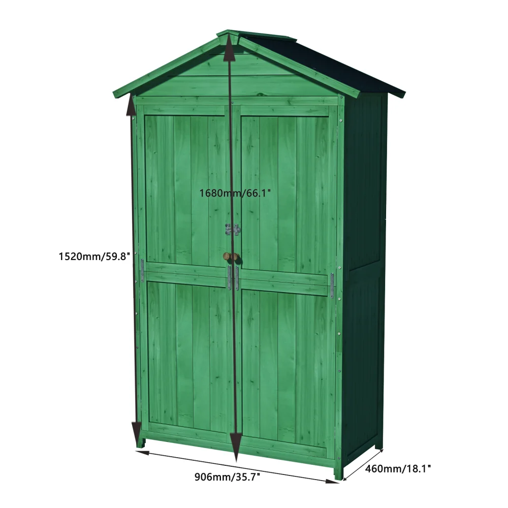 Outdoor 35.6"x 18.1"x 66.15" L Wood Storage Shed, Garden Tool Cabinet with Waterproof Asphalt Roof, Double Doors, Multiple-tier 2