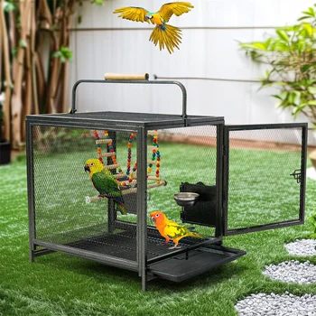 Heavy Duty Wrought Iron Bird Cage Travel Carrier Cage with Handle Wooden Perch for Parrots Canaries Budgies Lovebirds Cockatiels 1