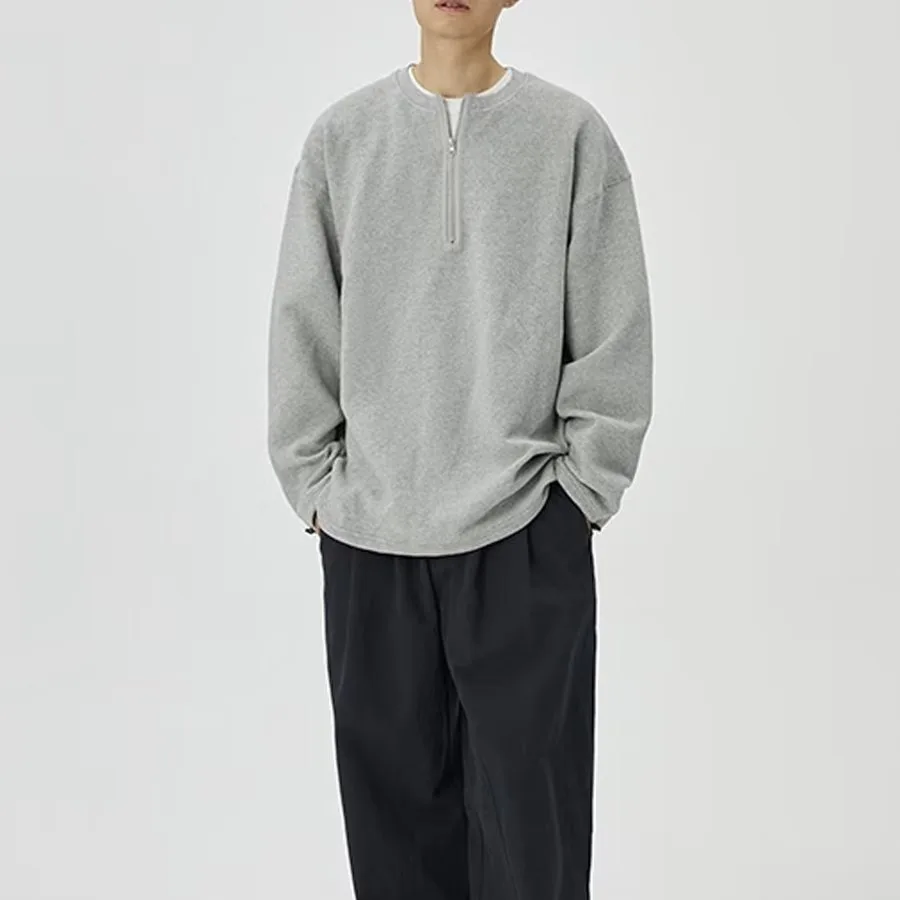 Korean Reviews Many Clothes Spring Men's Clothing New Sweatshirt Half Zip Up Hoodies Loose Vintage Solid Long Sleeved Men's Top
