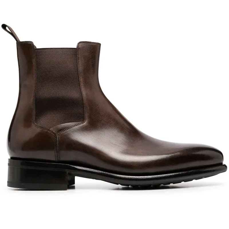 Men's Brown Chelsea Boots Black Business Handmade Men's Short Boots Slip-On Round Toe Ankle Boots for Men