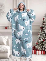 Winter Warm Flannel Polar Bear Plus Size Ladies Hoodies Christmas Gifts Oversized Women's Wearable TV Blankets Sherpa Plus Size