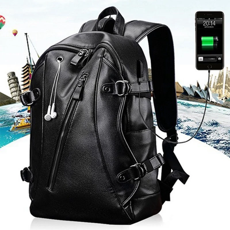 

Men Backpack External Usb Charge Waterproof Backpack Fashion Pu Leather Travel Bag Casual School Bag Shoulder Book Bag Black