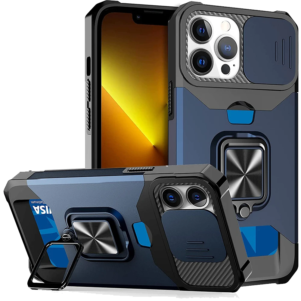 thumbnail image 1 of Case For iPhone 14 13 12 11 Pro Max XS XR 8 7 Plus Slide Camera Card Holder Slot Duty Wallet Protective With Ring Stand Cover, 1 of 5