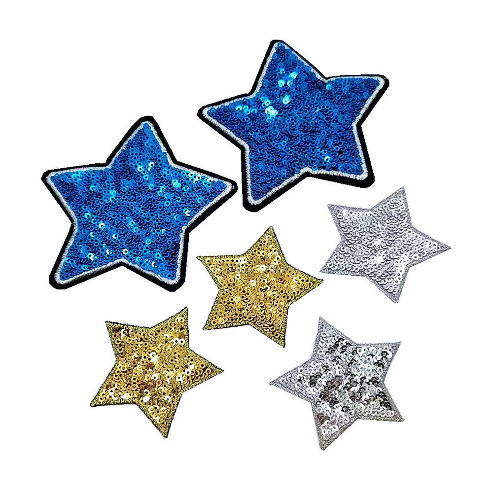 24 Pack Small Blue Star Embroidery Sequin Patches for Clothing, Iron on Sewing Applique (3.3 in)
