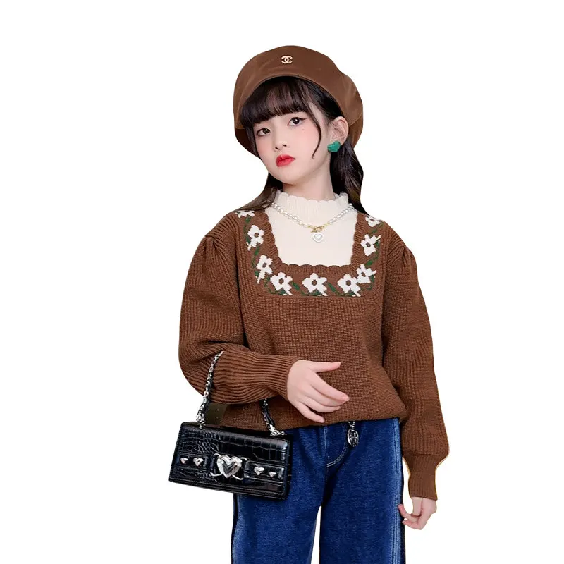 

Teen Girls Sweet Sweater with Floral Pattern Retro Style for Children's Clothes Spring Autumn Comfortable Knitwear Tops Sweater