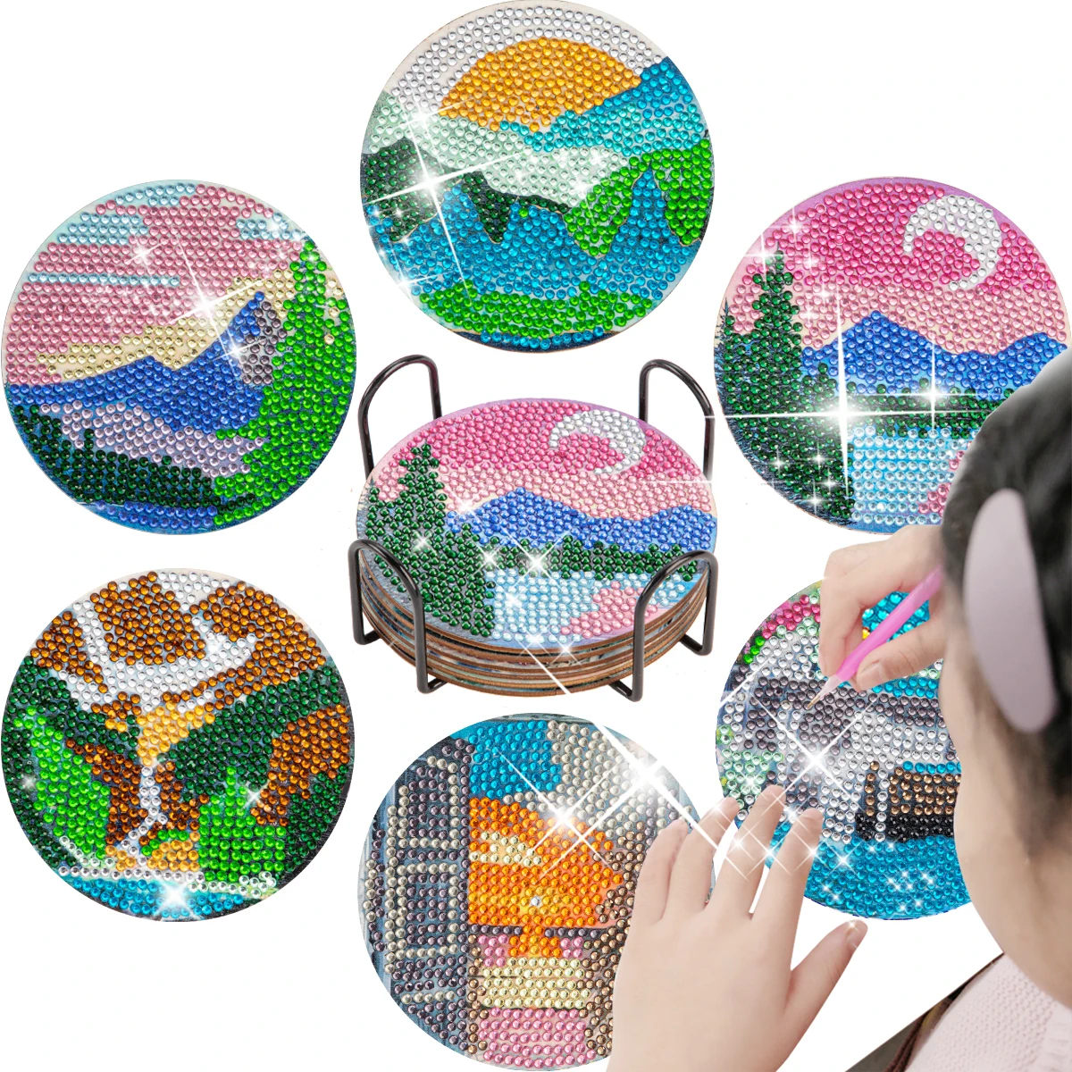 

CHENISTORY 6pc/sets Diamond Painting Coasters 10x10cm Mountain Landscape Gift Kits For Adults Kids With Holder Handiwork
