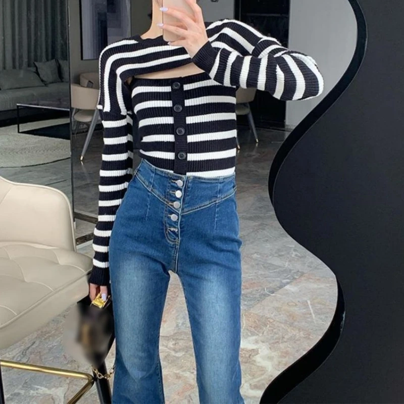 

Women 2 Piece Striped Button Up Camisole with Rib Knit Long Sleeve Cover Up Top P8DB