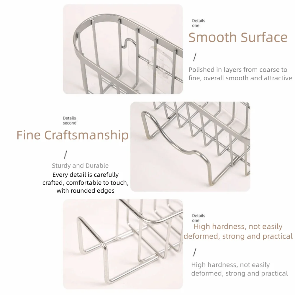 Suction Cups Sponge Drainer Rack Rustproof with Hook Stainless Steel Sponge Holder Space-Saving Hollowed Kitchen Sink Organizer