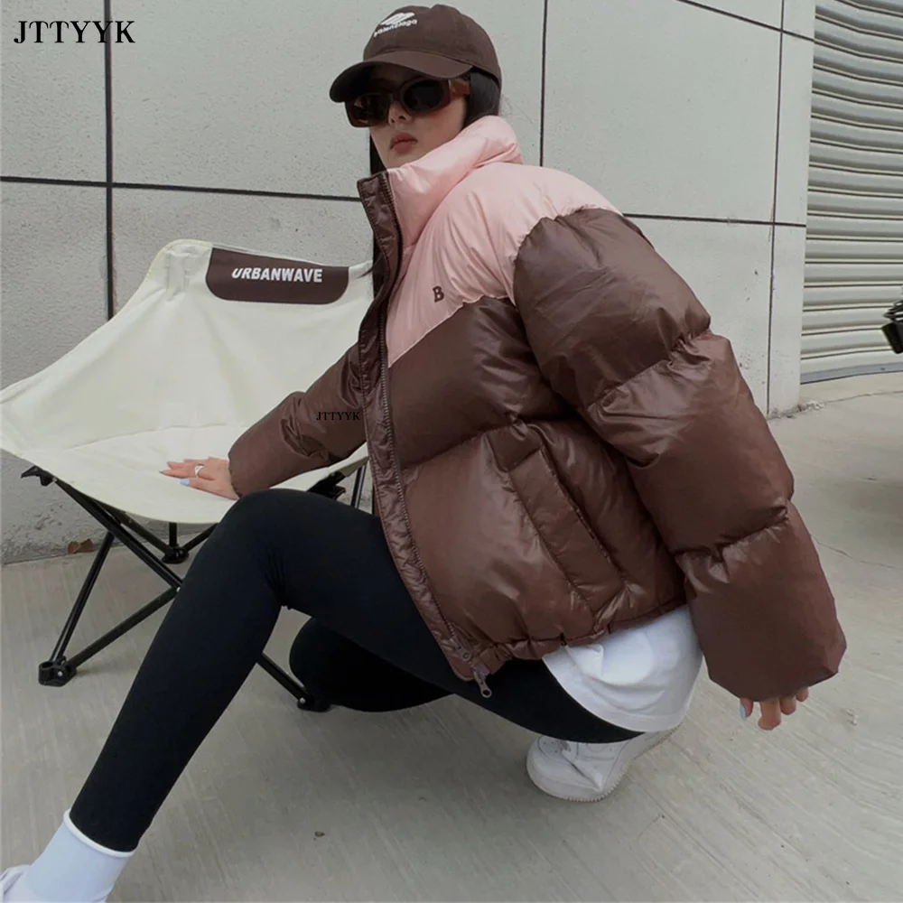 

2023 New Winter Korean Color Matching Short Down Jacket Womens Fashion Stand Collar White Duck Down Coat Couple's Bread Clothing