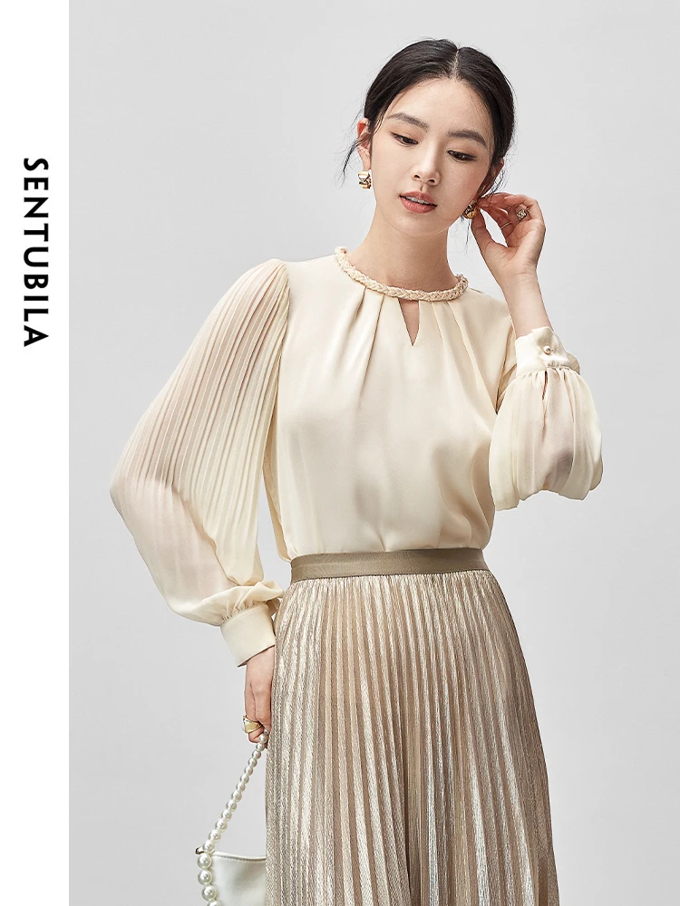 SENTUBILA Women French Hollow Out Blouse Autumn Chiffon Straight Woven O Neck Lantern Sleeve Tops 143V56037