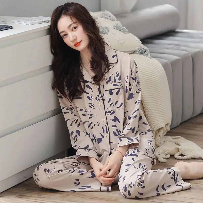 Spring Autumn Women's Thin 100% Pure Cotton Pajamas Long Sleeve Cardigan Pants Home Clothing Set Oversized Casual Sleepwear