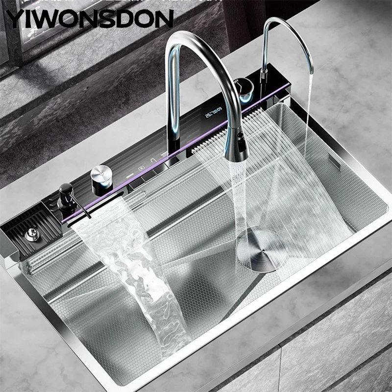 Silvery Nano Multifunctional Kitchen Sink Large Single Slot Digital Display Waterfall Faucet Soap Dispenser Cup Washer Pure Tap