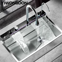Silvery Nano Multifunctional Kitchen Sink Large Single Slot Digital Display Waterfall Faucet Soap Dispenser Cup Washer Pure Tap 1