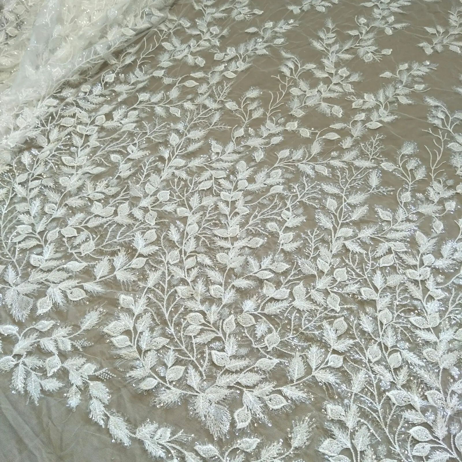 

fashion leafs beading lace fabric bridal lace fabric 130cm width wedding gown fabric sell by yard