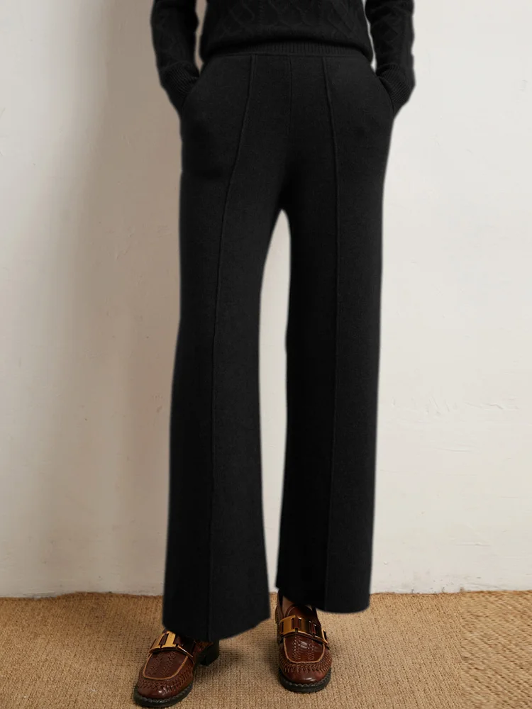 Aliselect Women Wide Leg Pants 100%Merino Wool Autumn Winter Casual Soft Warm Knitted Drop Mop Trousers New Fashion High Quality