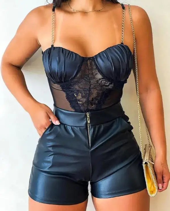 Two Piece Set Women Chain Strap Sheer Mesh Patch Bodysuit & Shorts Set 2022 Summer New Black Sexy Night Club Suit