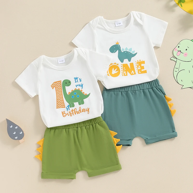 

2024-04-17 Lioraitiin Baby Boys 2Pcs Birthday Outfits Short Sleeve Dinosaur Print Romper + Shorts Set Newborn Clothes