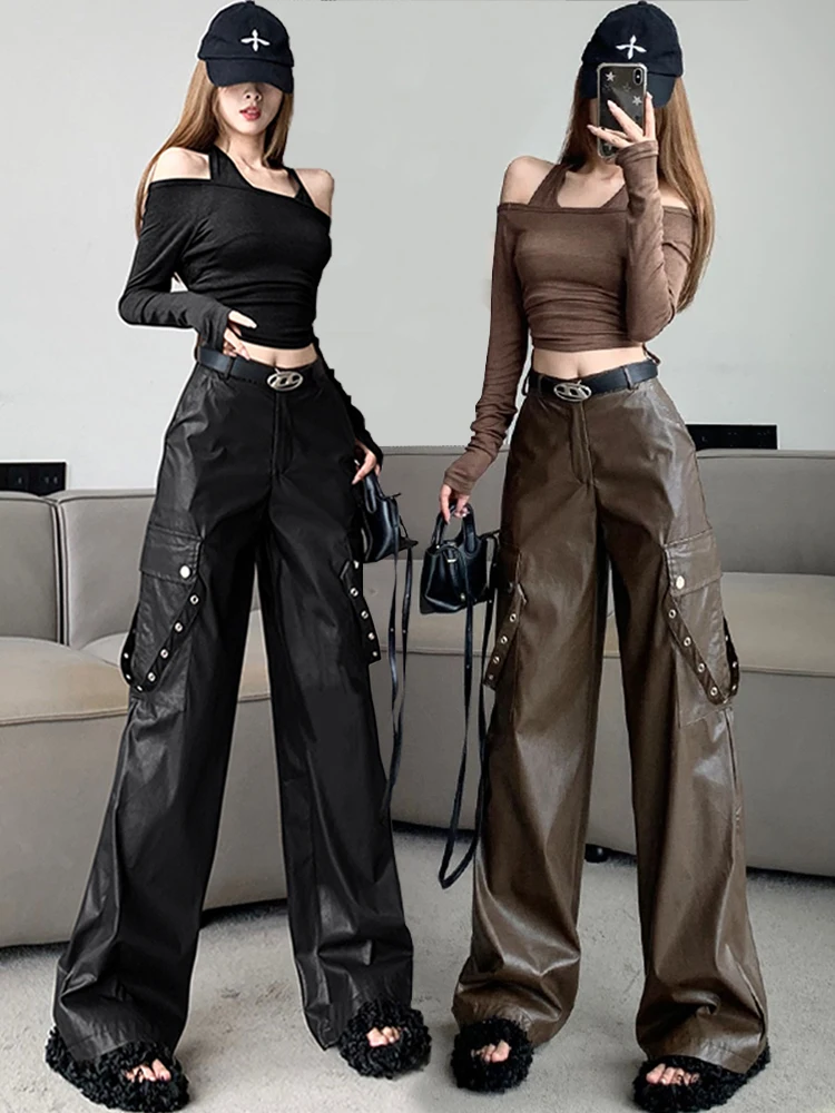 

Solid Ruched Leather Wide Leg Pants For Women High Waist Loose Minimalist Straight Leg Pants Female Fashion Clothes