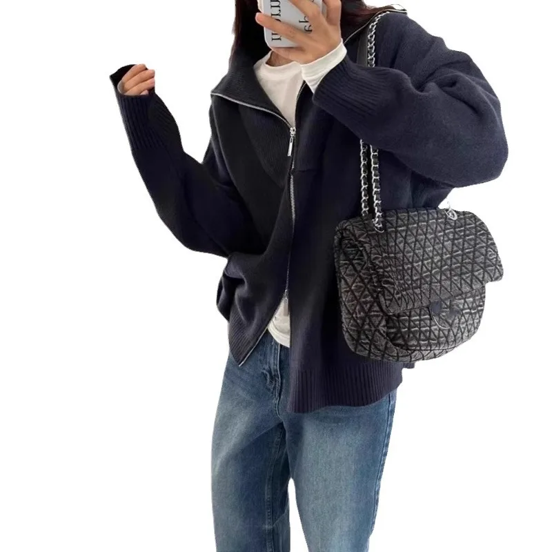 Women Thick Long Sleeve Zip Up Vintage Knitted Sweater