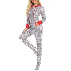 Snowflake Print Covered Feet Hooded Onesies Pajamas Womens Fleece Long Sleeve Sleepwear Xmas Rompers Pijama Mujer Invierno