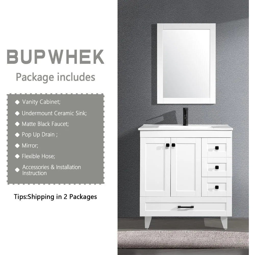 30" Bathroom Vanity Cabinet with Sink Combo Set, Undermount Ceramic Sink, Matte Black Faucet, High-Definition Mirror 6