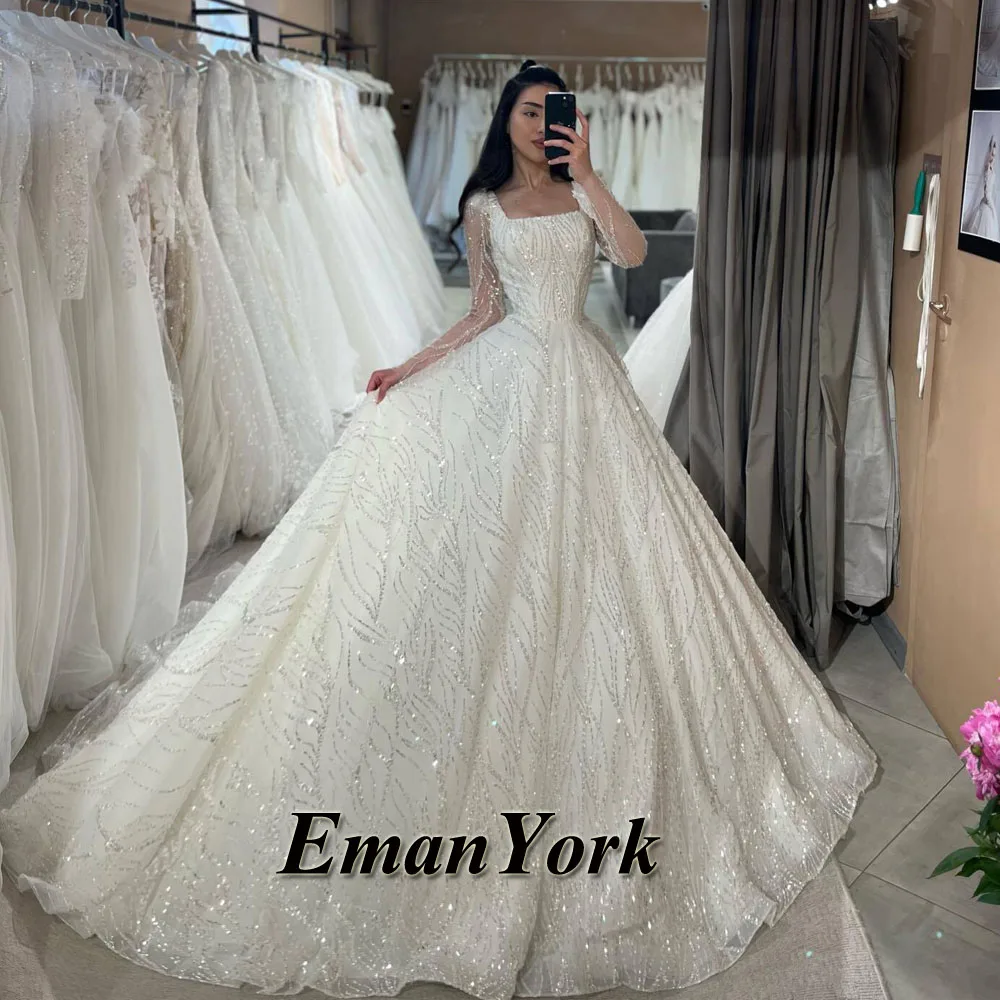 EmanY-Robes de mariée A-ligne glamour pour femmes, col carré en tulle, laçage, appliques en dentelle personnalisées