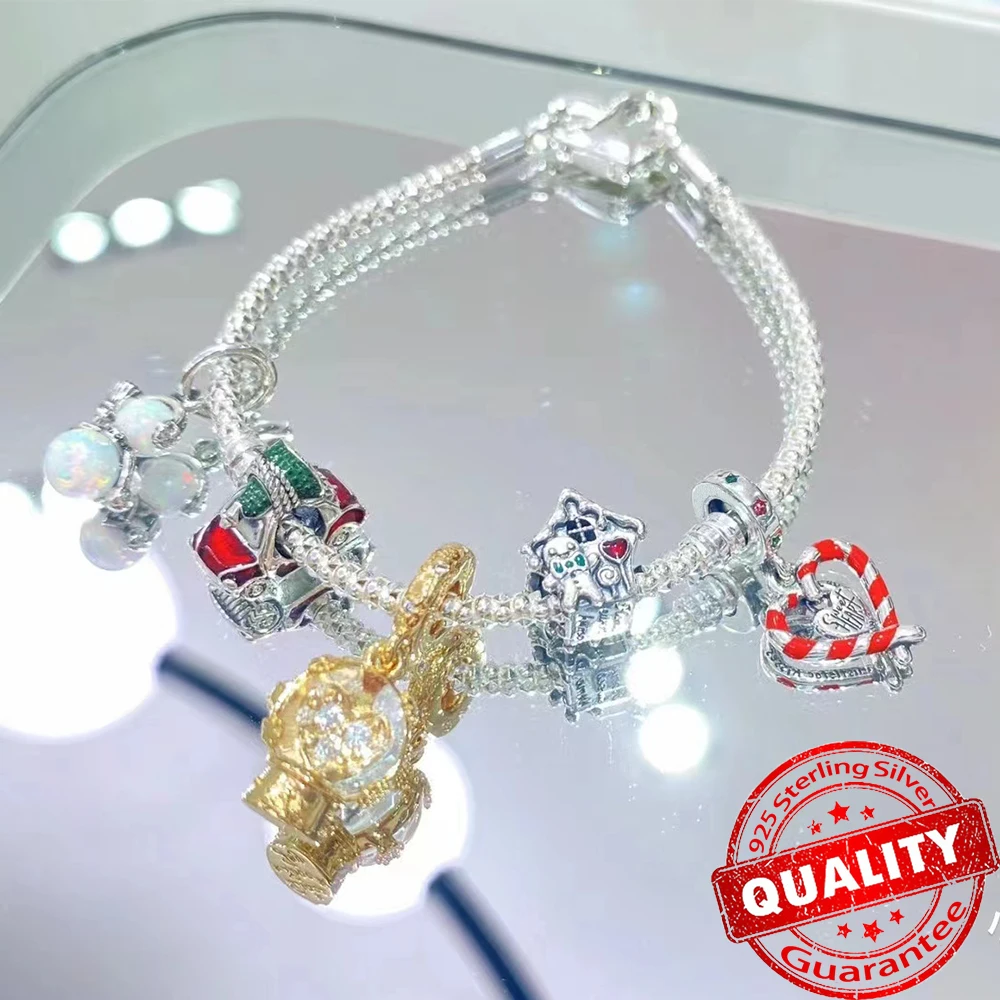 Sparkling 925 Sterling Silver Double Candy Cane Heart Christmas Dangle Charm Fit Pandora Bracelet Christmas Gift Jewelry Set