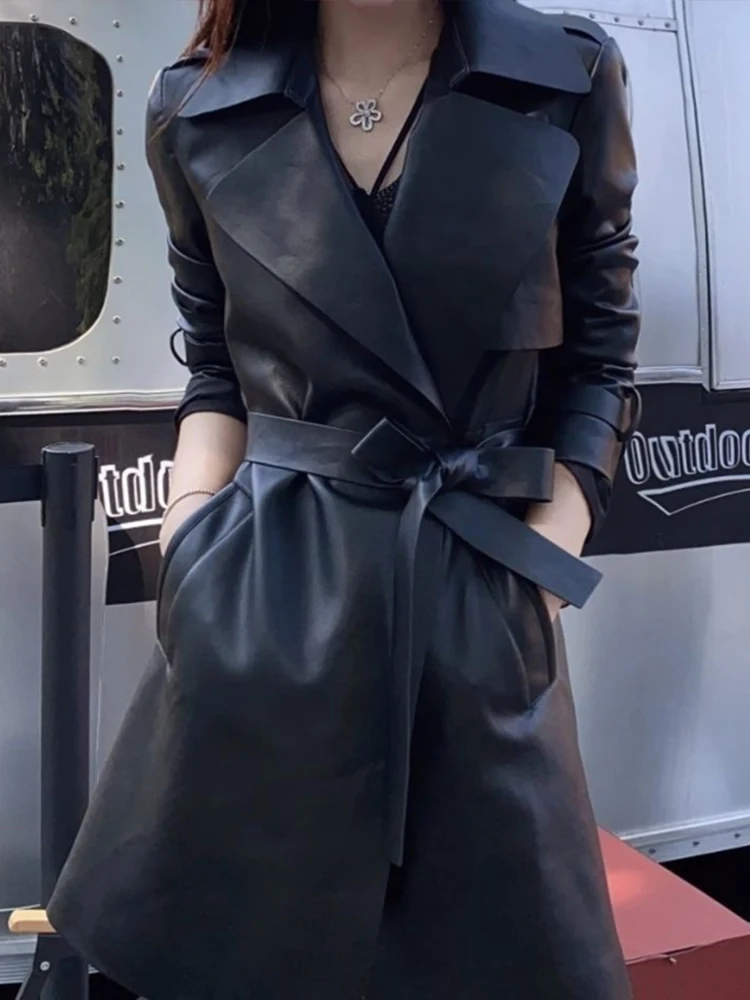 Autumn 2022 New Fashion Lace Up Waist Collection Leather Dress Mid Length Washed Sheepskin Windbreaker Coat