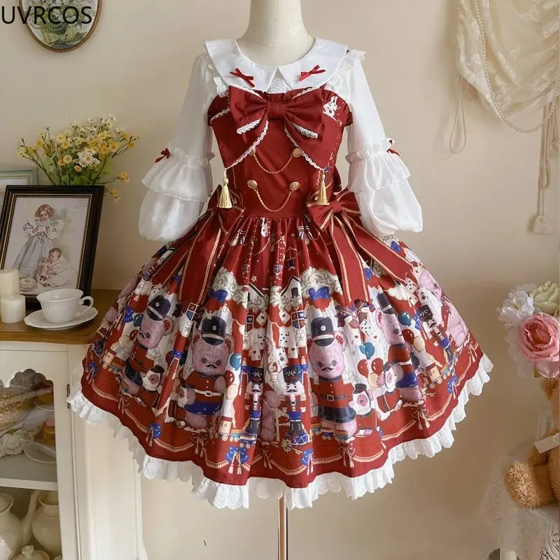 Kawaii Lolita Jsk Dress lolita dress lolita suspender dress lolita cosplay costumes suspender dress Women Sweet Lace Ruffles Cartoon Bear Print Party Mini Dresses