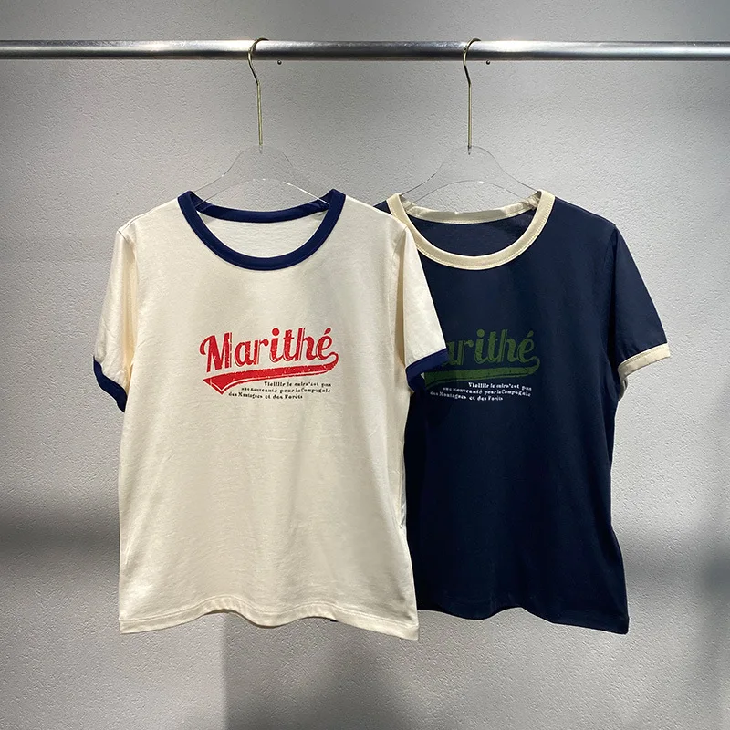 

Новинка лета 2024, модная свободная футболка нишевой расцветки с принтом контрастных букв и короткими рукавами, дизайнерский Топ для женщин