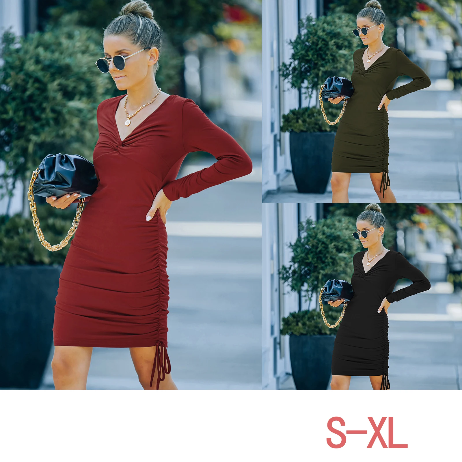 

Women's 2022 Autumn Knitted Sweater Sexy Slim Mini Dress Winter Pleated Drawstring V Neck Long Sleeve Club Party Women's Dress