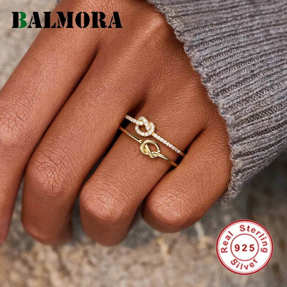 

BALMORA S925 Silver Double Layer Love Heart Zircon Gold Open Adjustable Ring For Women Lover Simple Trendy Anillos Jewelry Gift