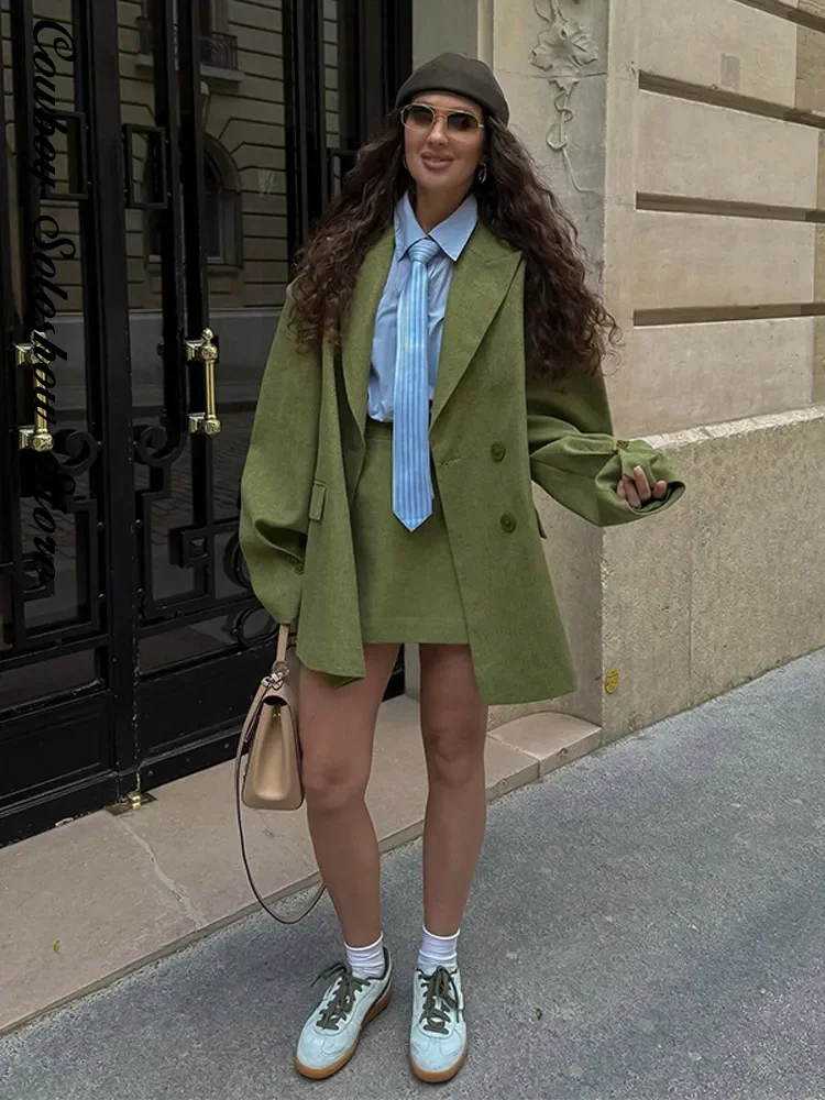 Casual Green Lapel Jackets Skirts Set Women Loose Single