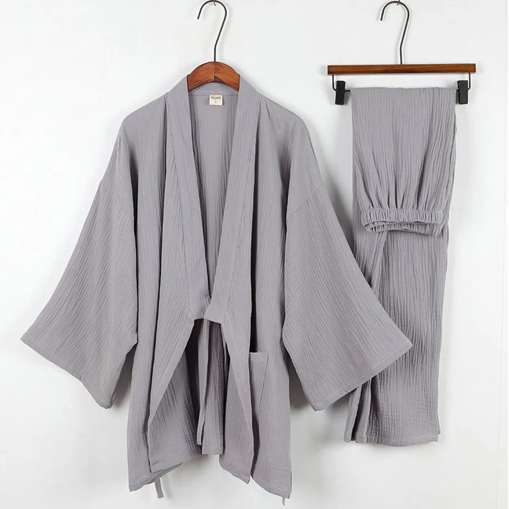 Cotton Japanese Kimono Pajamas Men Long-sleeve Trousers Casual Home Service Two-piece Suit Comfortable Sleepwear Plus Size Pajama Sets