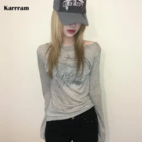 Karrram Japanese Y2k Letter Print Knitted Tops Korean 2000s Long Sleeve Knit T-shirt Vintage Harajuku Streetwear American Retro 1