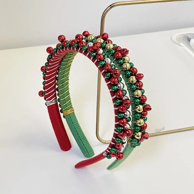 Red Green Christmas Headband Women's Simple Thin Edges Flannel Jingling Bell Beaded Winding Holiday Hair Accessories
