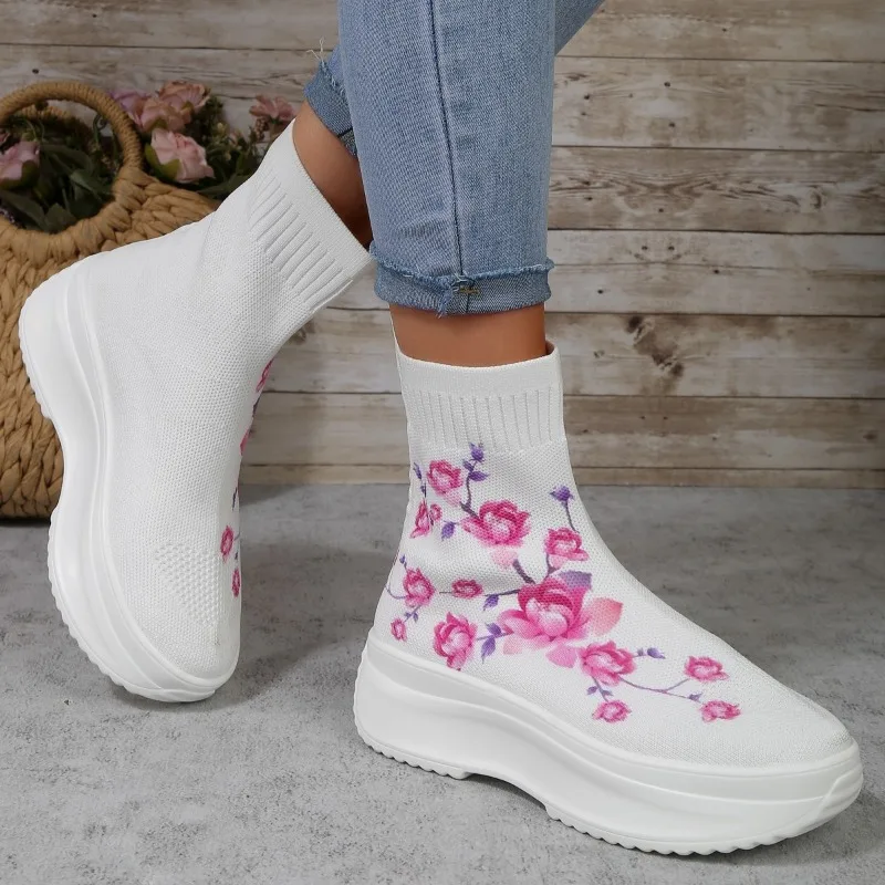 Women's Shoes 2023 High Quality Slip-on Women's Boots Fashion Printing Casual Boots Women New Round Toe Stretch Boots Platform