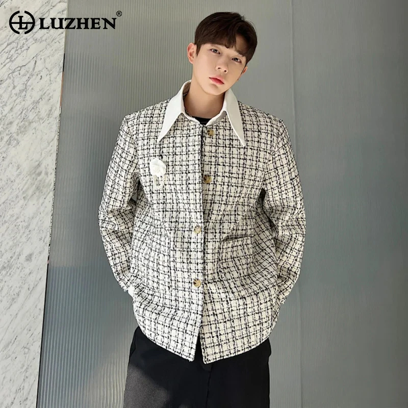 

LUZHEN Plaid Pattern Casual Blazer Jacket Trendy Lapel 2024 Spring New Stylish Elegant Gentleman Men's Checked Suit Coat A46bb6