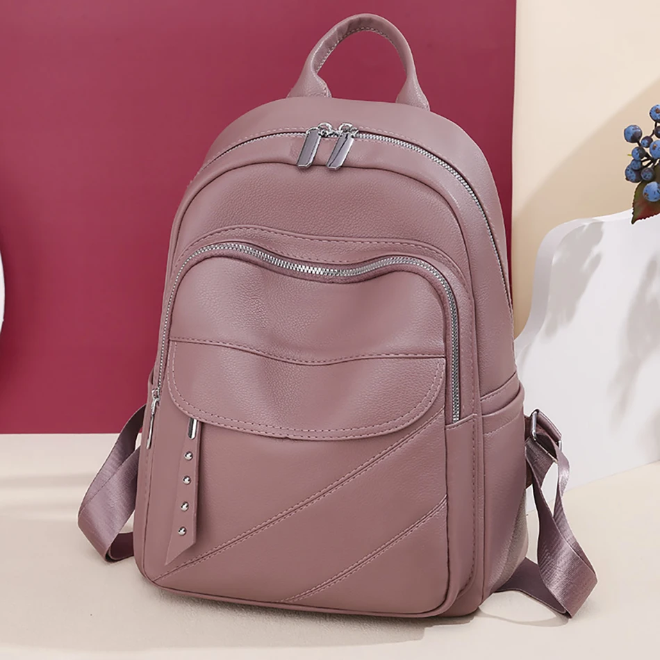 Women's High Quality Premium Leather Backpacks Girls Casual Backpacks Solid Color Retro Shoulder Bag Girls Anti Theft School Bag