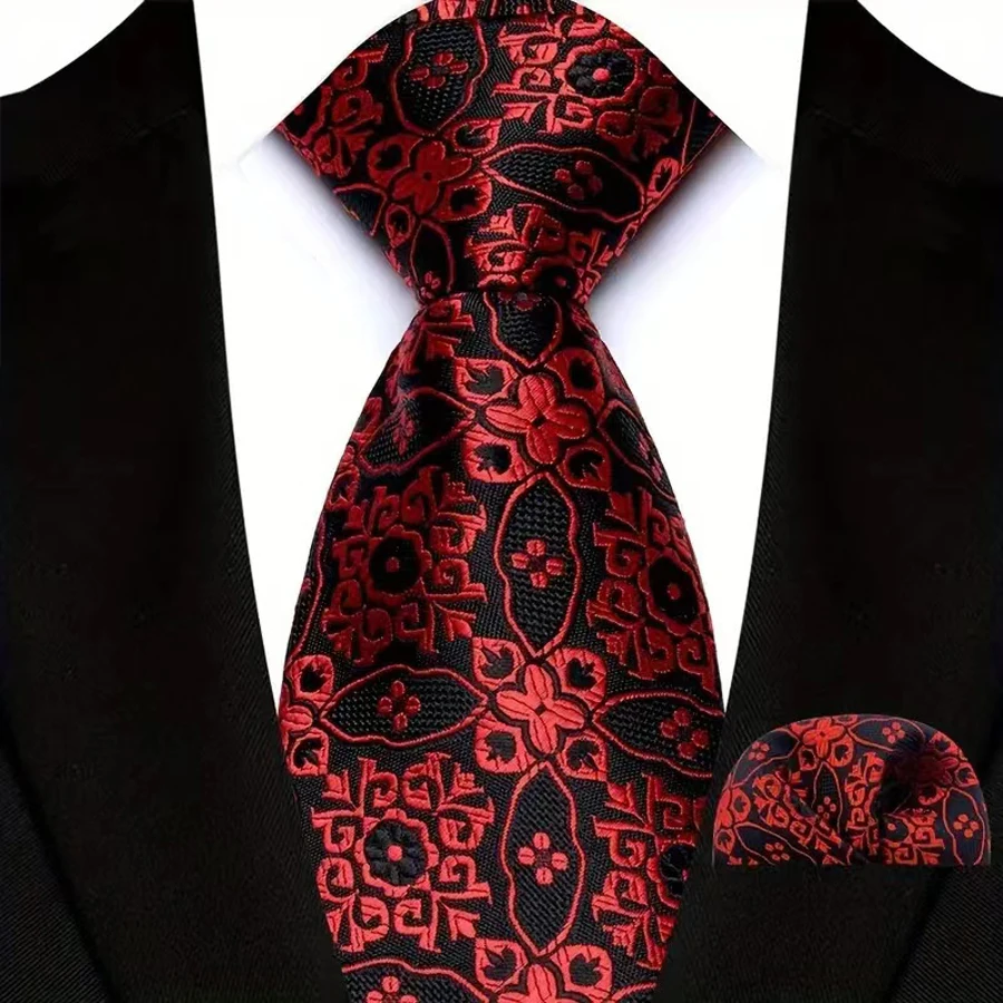 Weinrot Floral Dot Plaid Männer Krawatte Einstecktuch Set Mode Hohe Qualität Anzug Krawatte Einstecktuch Set Business Hochzeit Party Geschenk – Detail 9