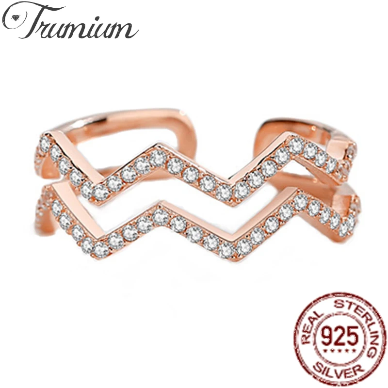 

Trumium Real S925 Sterling Silver Double Wave Rings for women Inspirational Wave Rose Gold Ring Adjustable Opening Jewelry Gift